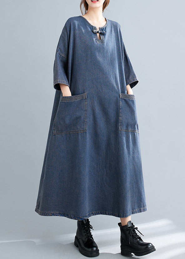 Plus Size Blue O Neck Pockets Patchwork Denim Long Dresses Fall