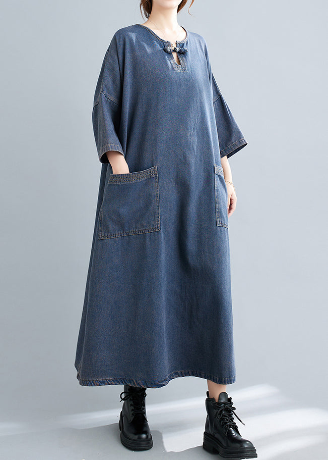 Plus Size Blue O Neck Pockets Patchwork Denim Long Dresses Fall