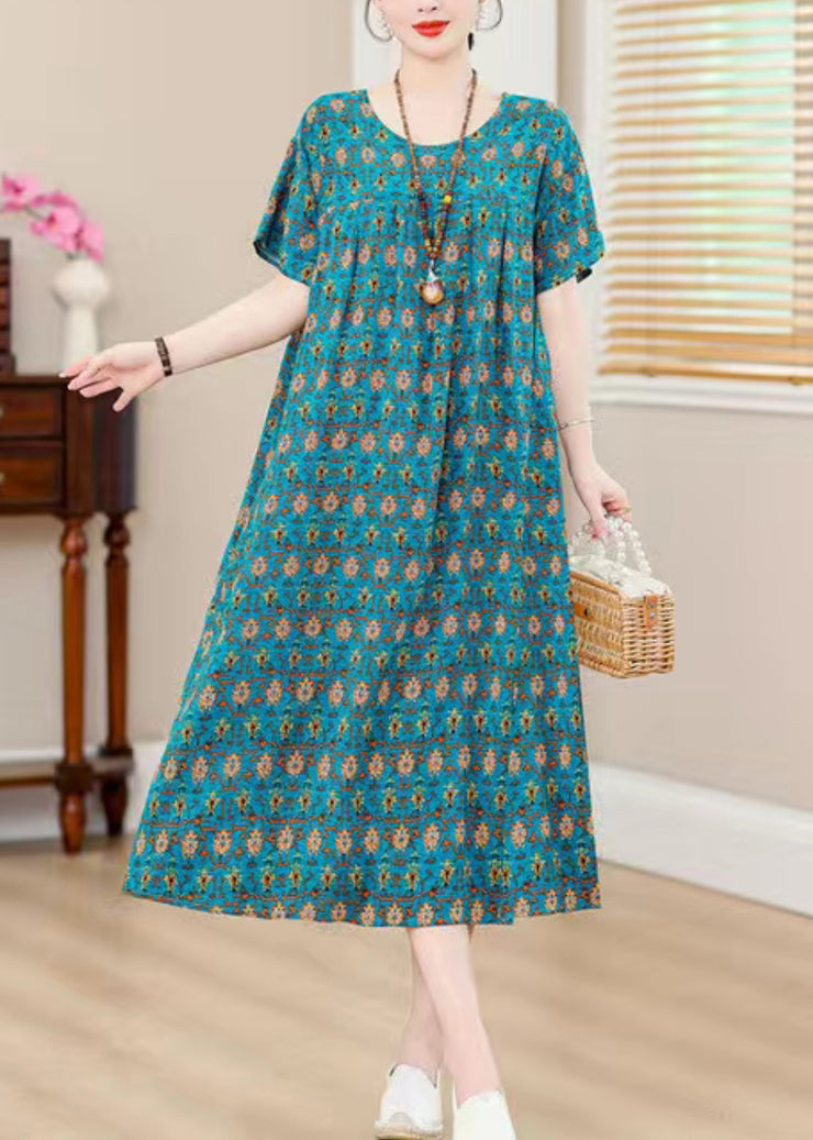 Plus Size Blue O-Neck Print Holiday Long Dress Short Sleeve