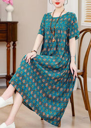 Plus Size Blue O-Neck Print Holiday Long Dress Short Sleeve