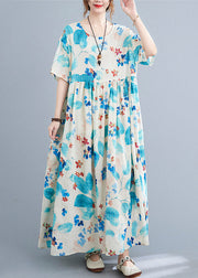 Plus Size Blue O Neck Print Pockets Cotton Dress Summer