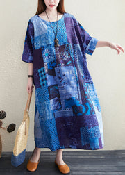 Plus Size Blue O Neck Print Pockets Cotton Long Dress Summer