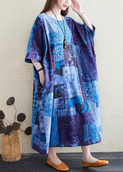 Plus Size Blue O Neck Print Pockets Cotton Long Dress Summer