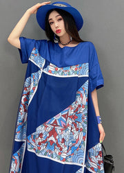 Plus Size Blue O-Neck Print Tulle Patchwork Dresses Short Sleeve