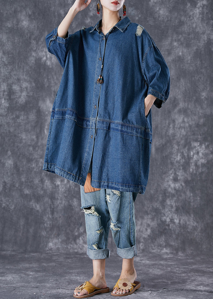 Plus Size Blue Oversized Patchwork Denim Ripped Trench Coats Fall