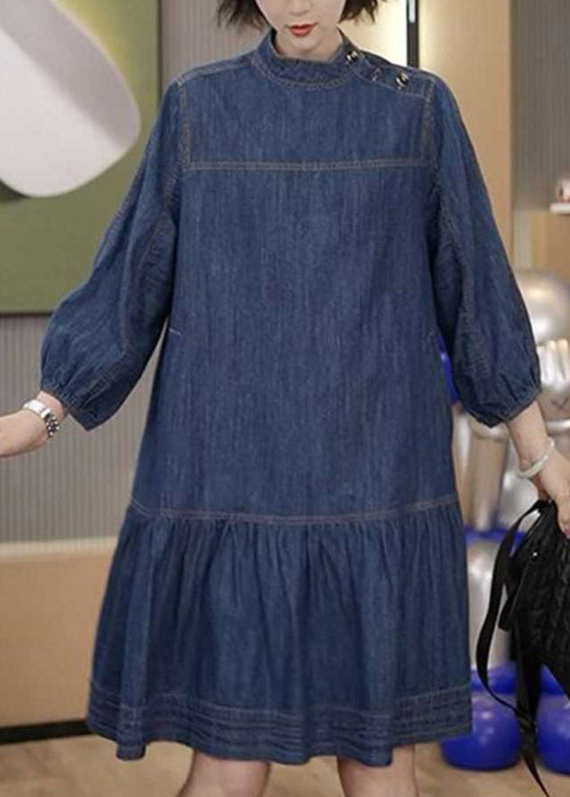 Plus Size Blue Patchwork Wrinkled Denim Mid Dresses Long Sleeve