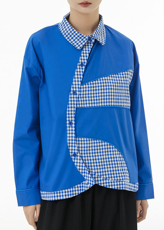 Plus Size Blue Peter Pan Collar Patchwork Plaid Cotton Shirts Spring