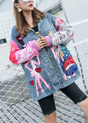 Plus Size Blue Peter Pan Collar Pink Leopard Print Patchwork Sequins Button Denim Coat Long Sleeve