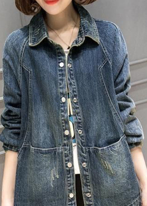 Plus Size Blue Peter Pan Collar Pockets Patchwork Denim Coats Fall