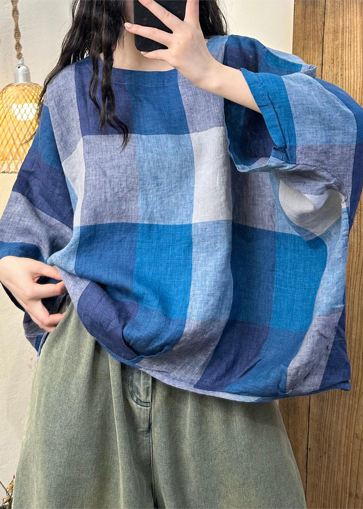 Plus Size Blue Plaid O-Neck Cotton Top Batwing Sleeve