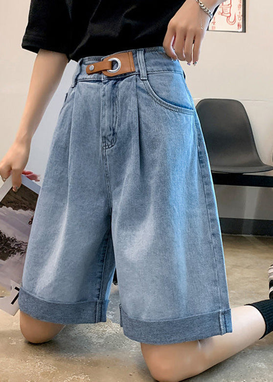 Plus Size Blue Pockets Patchwork Sashes Shorts Summer