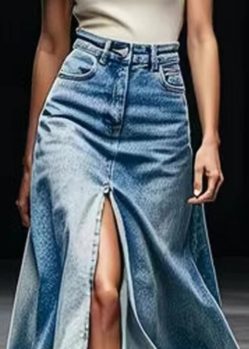 Plus Size Blue Pockets Side Open Denim Maxi Skirts Summer