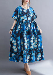 Plus Size Blue Print Patchwork Vacation Maxi Dresses Short Sleeve