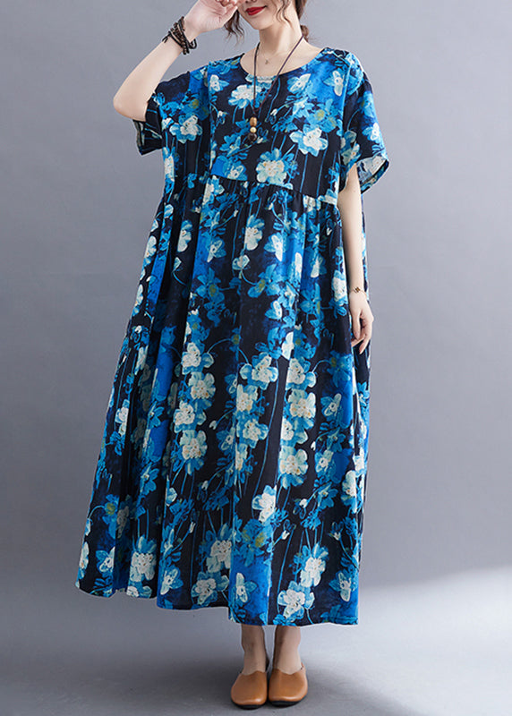 Plus Size Blue Print Patchwork Vacation Maxi Dresses Short Sleeve