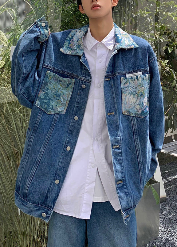 Plus Size Blue Print Pockets Patchwork Denim Men Coat Fall