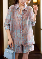 Plus Size Blue Print Shirt And Shorts Chiffon Two Pieces Set Half Sleeve