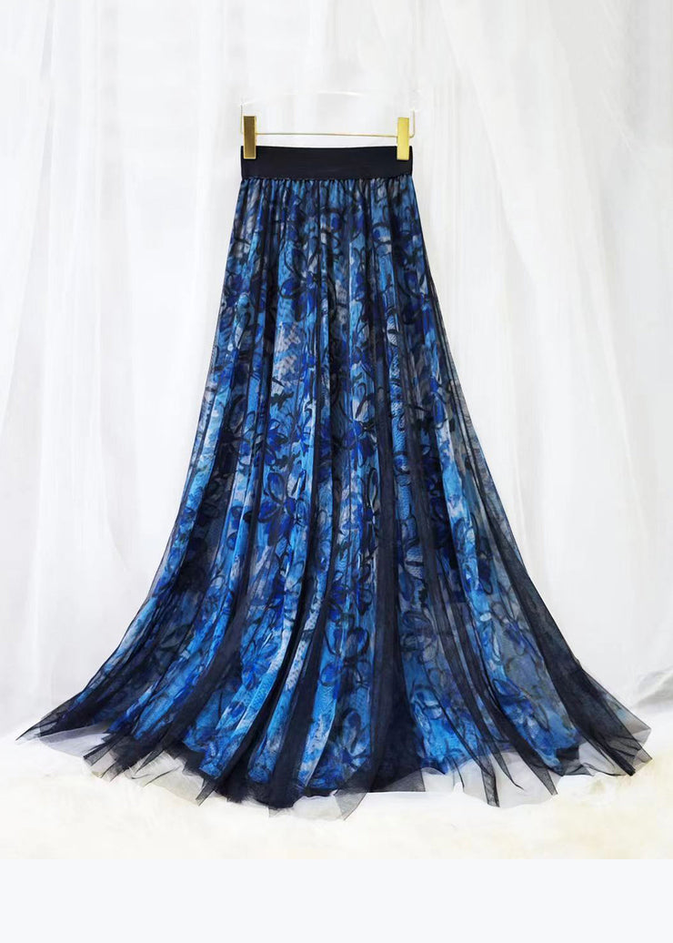 Plus Size Blue Print Wrinkled High Waist Tulle Skirt Spring