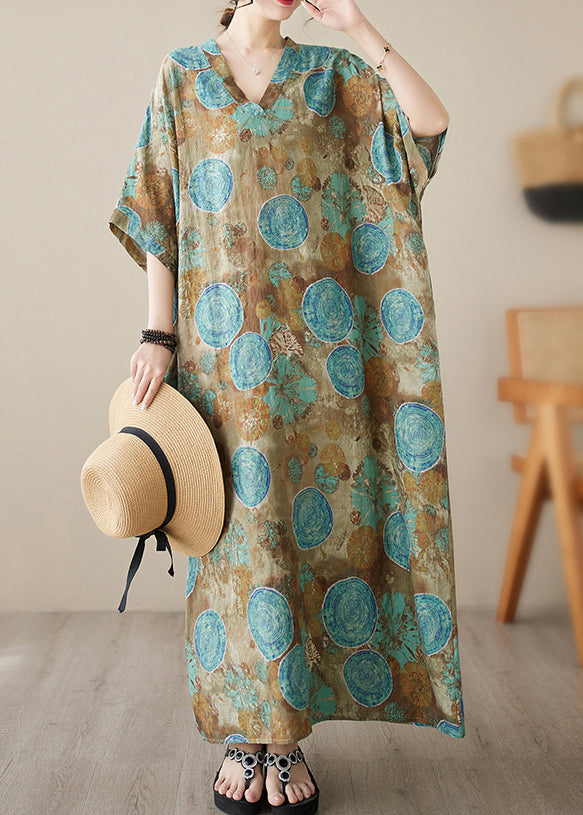 Plus Size Blue Print Wrinkled Pockets Long Dresses Short Sleeve