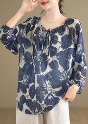 Plus Size Blue Ruffled Lace Up Print Chiffon Shirt Tops Summer