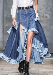 Plus Size Blue Ruffled Patchwork Low High Design Denim Skirts Spring