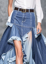 Plus Size Blue Ruffled Patchwork Low High Design Denim Skirts Spring