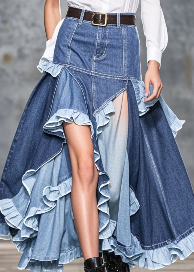 Plus Size Blue Ruffled Patchwork Low High Design Denim Skirts Spring