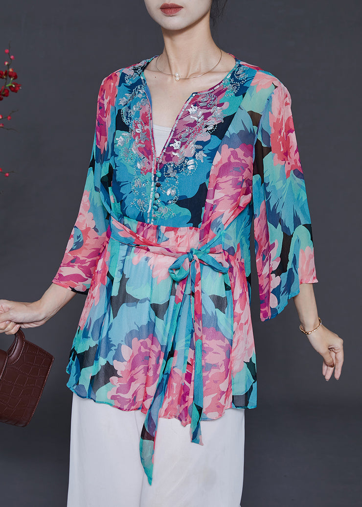 Plus Size Blue Sequins Print Chiffon Shirt Top Summer