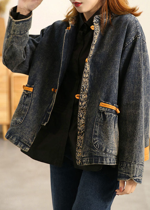 Plus Size Blue Stand Collar Oriental Button Pockets Patchwork Cotton Denim Coat Outwear Long Sleeve