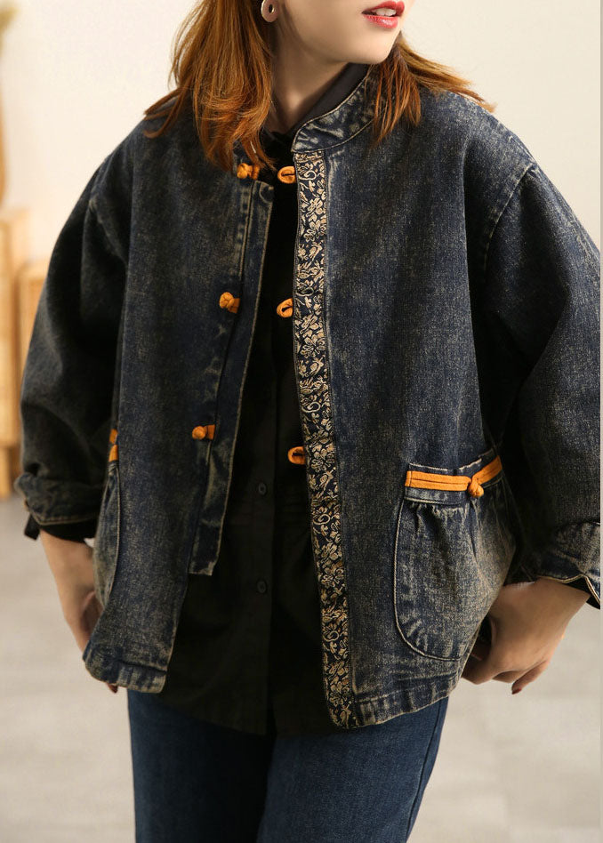 Plus Size Blue Stand Collar Oriental Button Pockets Patchwork Cotton Denim Coat Outwear Long Sleeve