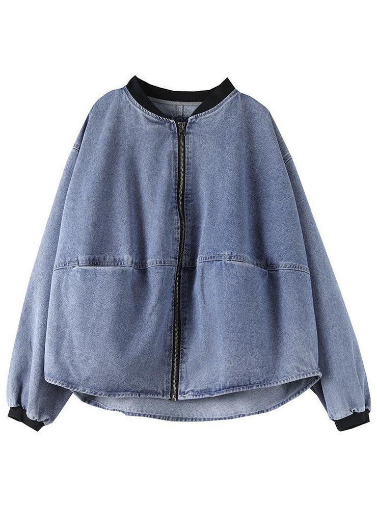 Plus Size Blue Stand Collar Patchwork Cotton Denim Coats Fall