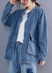 Plus Size Blue Stand Collar Pockets Patchwork Denim Coats Fall