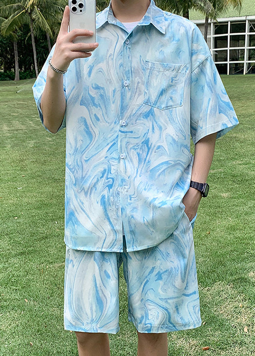 Plus Size Blue Tie Dye Pockets Ice Silk Mens Two Piece Set Summer