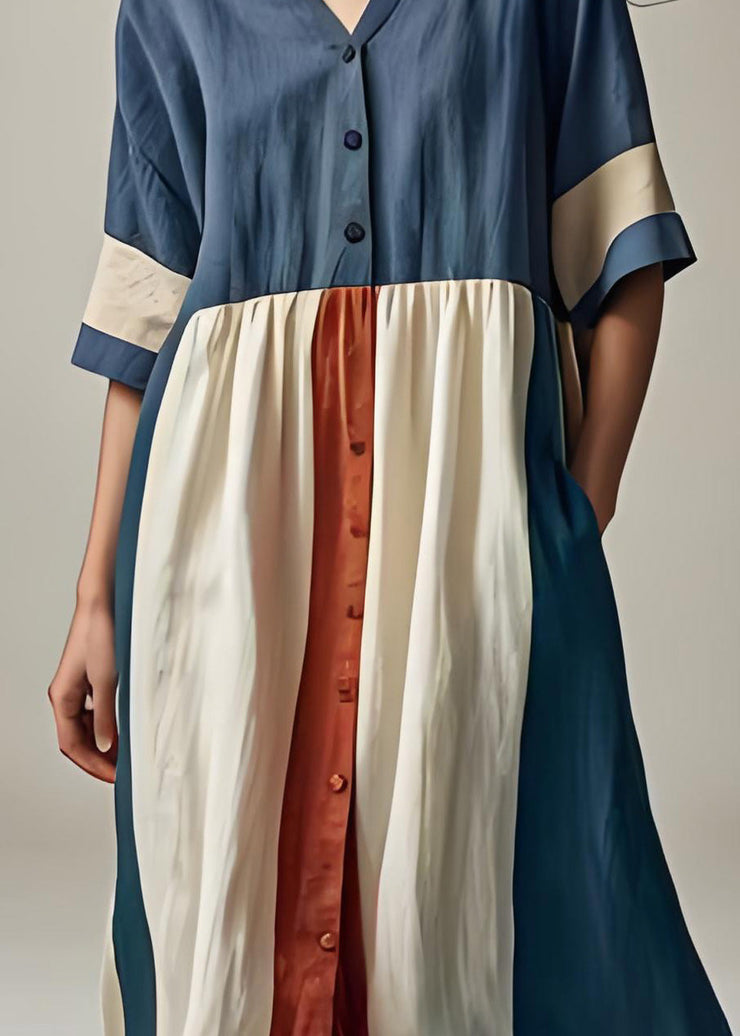 Plus Size Blue V Neck Button Patchwork Cotton Dresses Summer