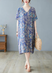 Plus Size Blue V Neck Print Cotton Holiday Dress Summer