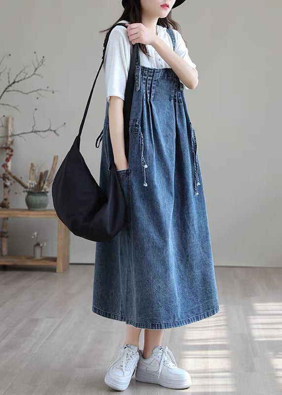 Plus Size Blue-sunflower drawstring pocket Spaghetti Strap Cotton denim Dress Spring