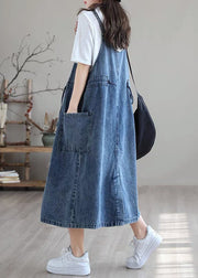 Plus Size Blue-white flower drawstring pocket Spaghetti Strap Cotton denim Dress Spring