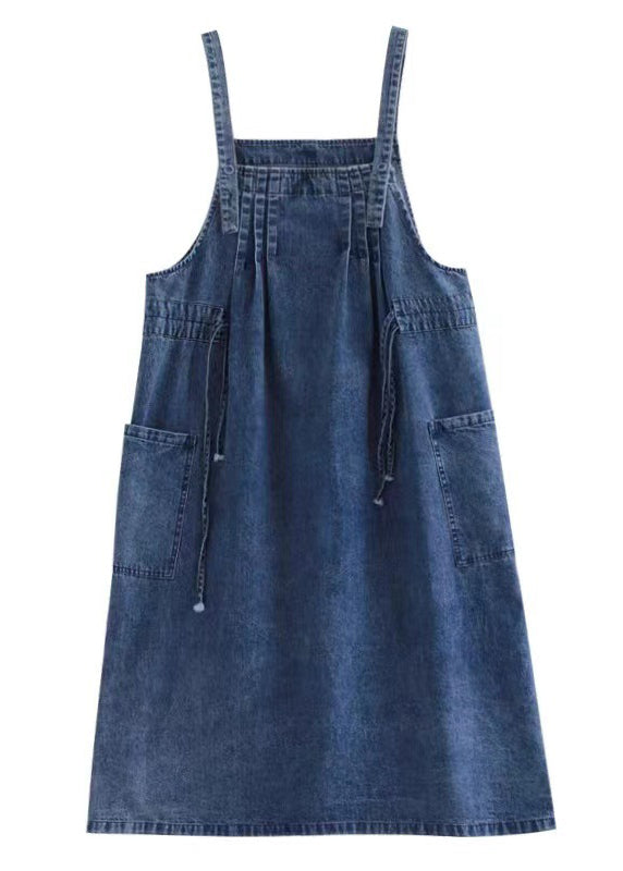 Plus Size Blue-sunflower drawstring pocket Spaghetti Strap Cotton denim Dress Spring