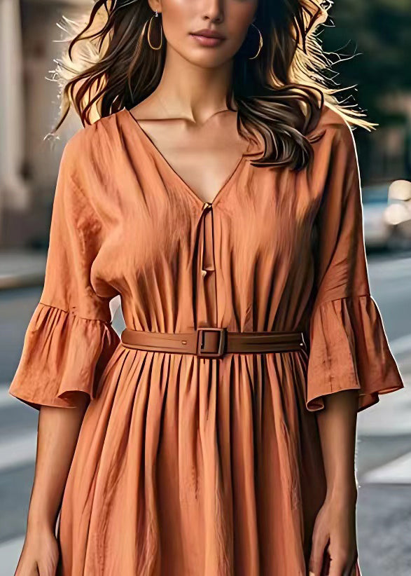 Plus Size Brick Red V Neck Tie Waist Cotton Long Dresses Summer