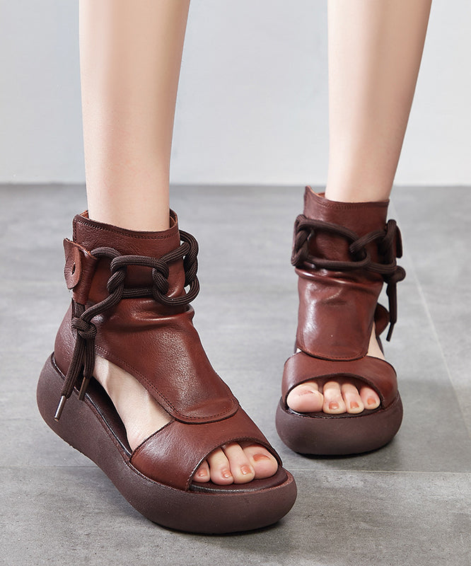 Plus Size Brown Cowhide Leather Sandals Lace Up Sandals