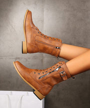 Plus Size Brown Cross Strap Zippered Splicing Chunky Boots