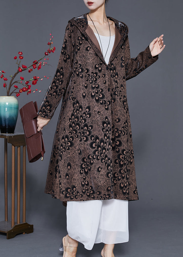 Plus Size Brown Hooded Print Spandex Coat Outwear Spring