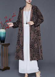 Plus Size Brown Hooded Print Spandex Coat Outwear Spring