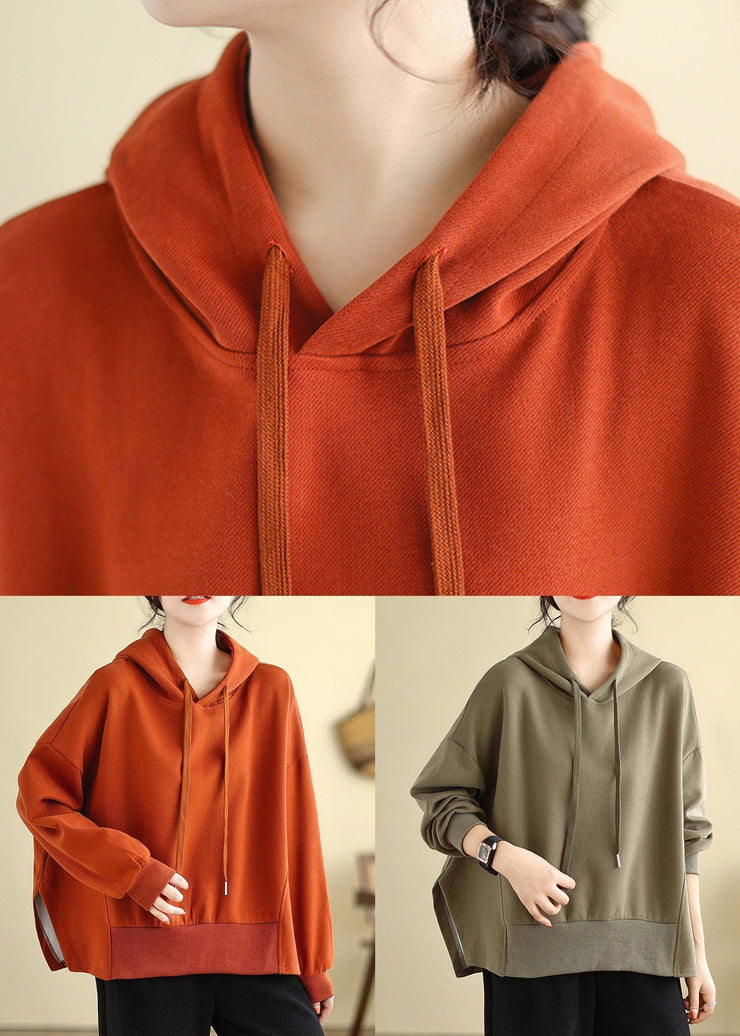 Plus Size Brown Hooded Side Open Cotton Sweatshirts Fall