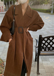 Plus Size Brown Notched Pockets Sashes Trench Coat Spring