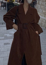 Plus Size Brown Notched Pockets Sashes Trench Coat Spring