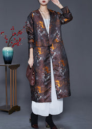 Plus Size Brown Oversized Print Cotton Filled Silk Coat Outwear Spring