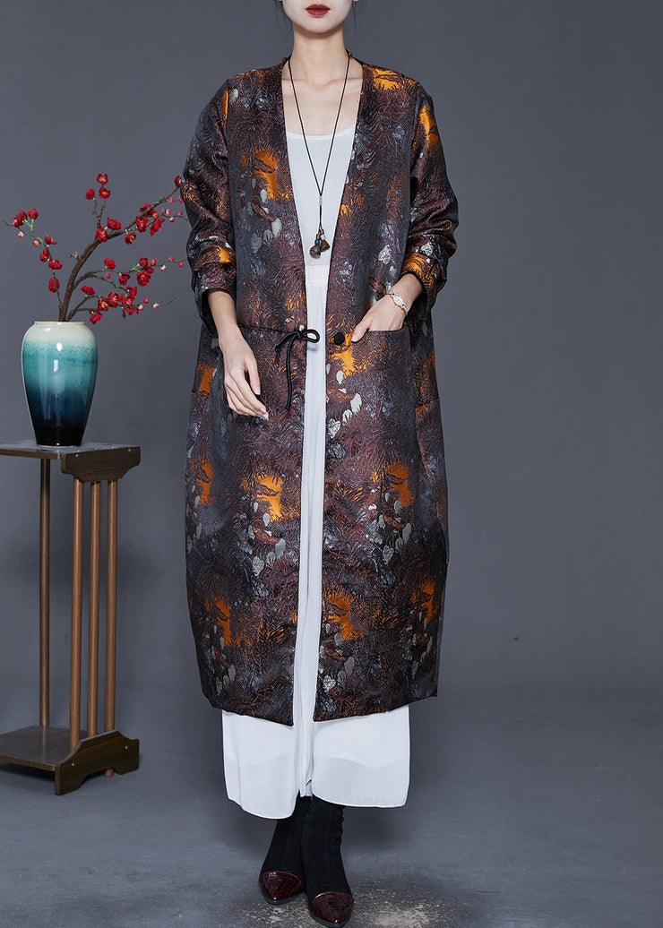 Plus Size Brown Oversized Print Cotton Filled Silk Coat Outwear Spring