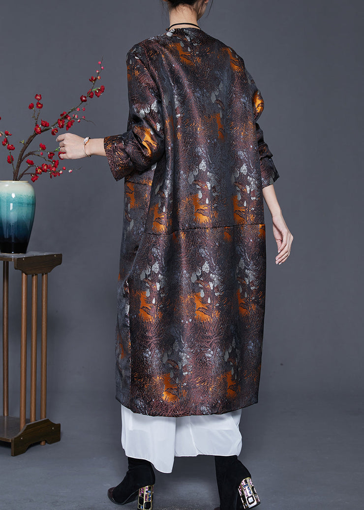 Plus Size Brown Oversized Print Cotton Filled Silk Coat Outwear Spring