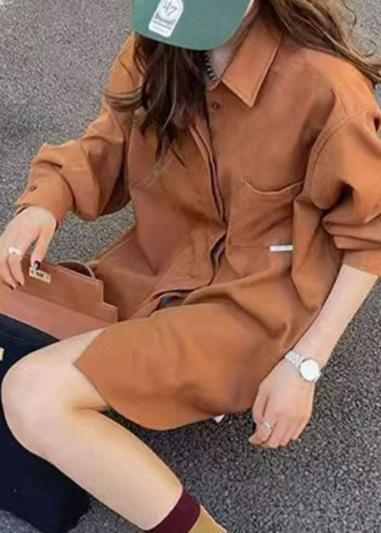 Plus Size Brown Peter Pan Collar Button Shirt Fall