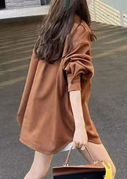 Plus Size Brown Peter Pan Collar Button Shirt Fall